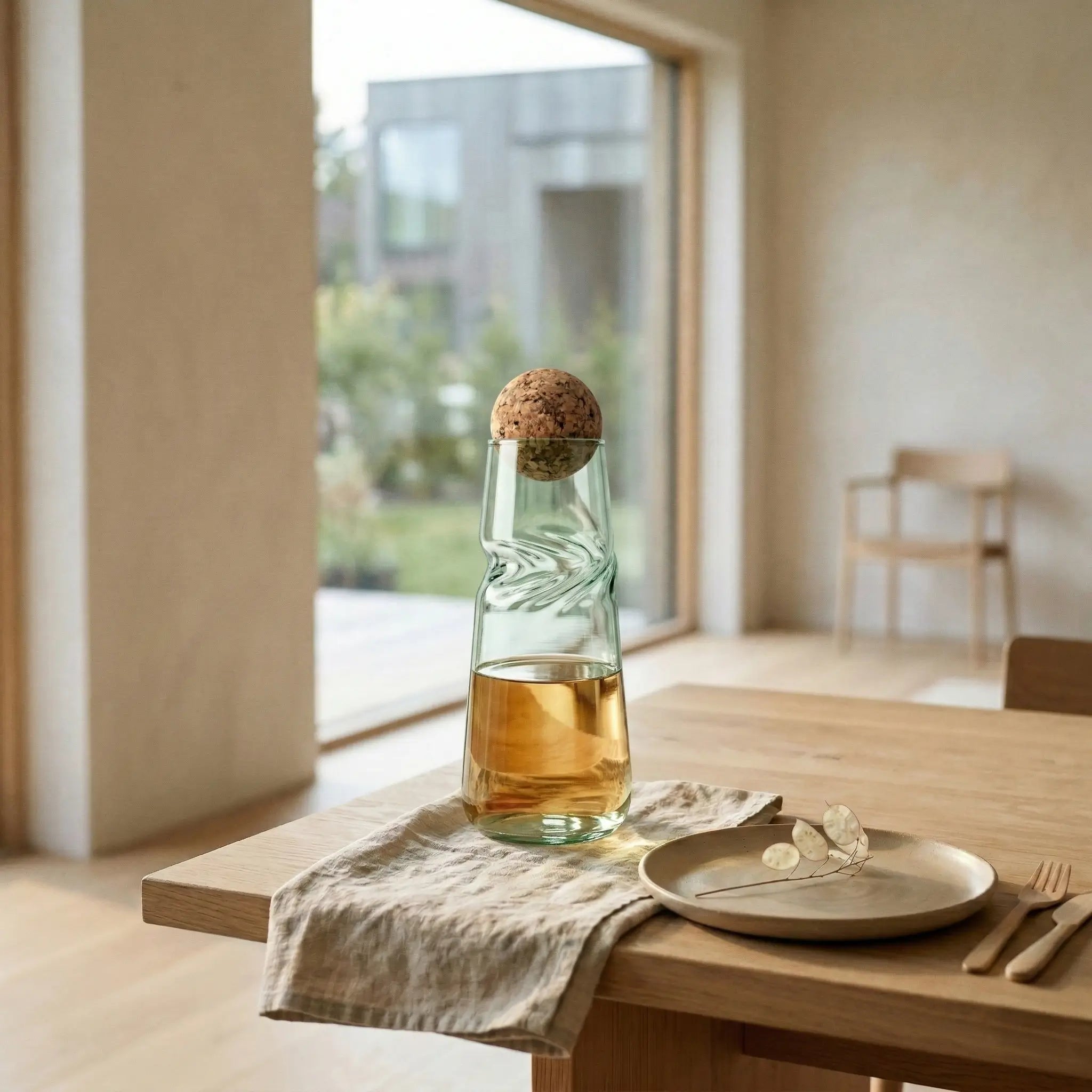 VISLA Carafe with cork stopper on a wooden table in a modern room.