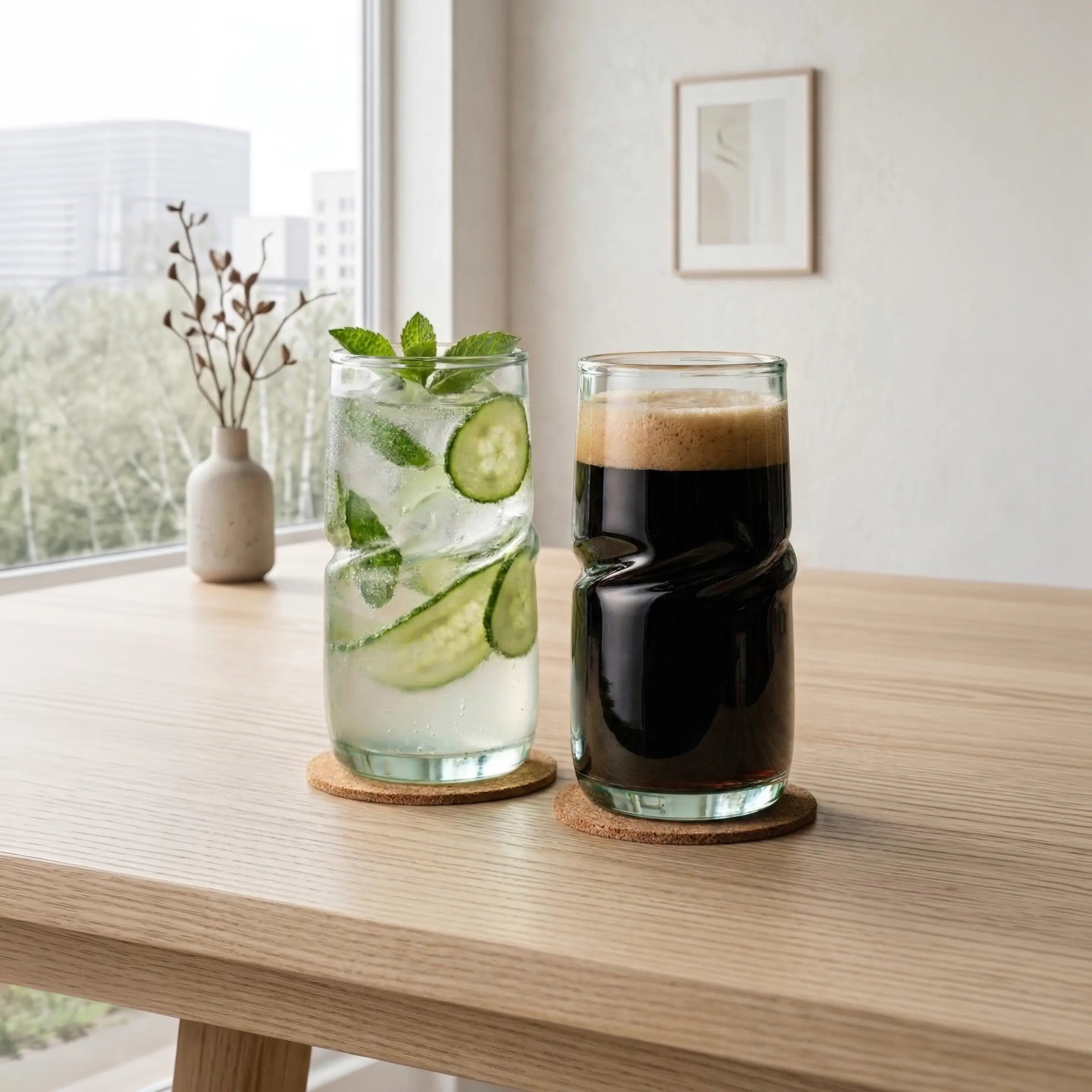 VISLA Long drinks with iced beverages on a wooden table with a window in the background