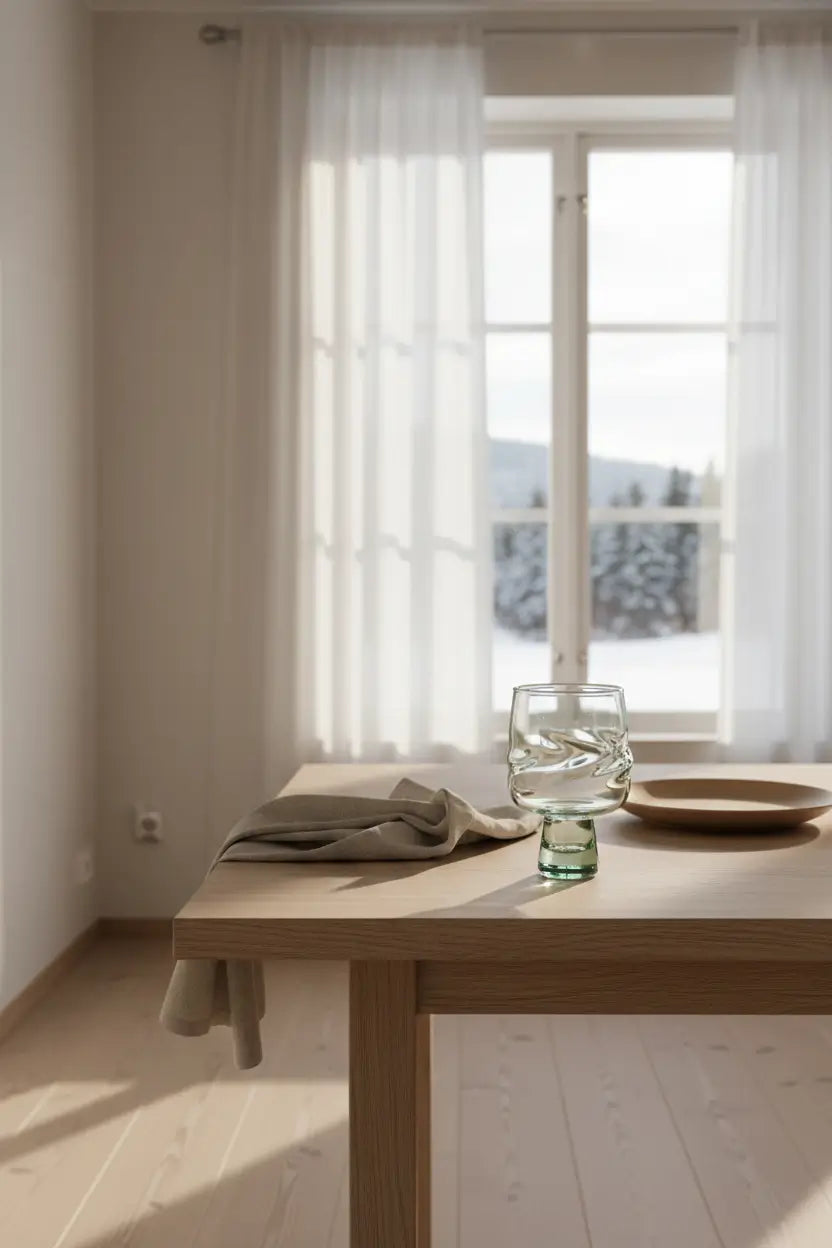 Minimalist interior with a wooden table and glass vase near a window with white curtains.