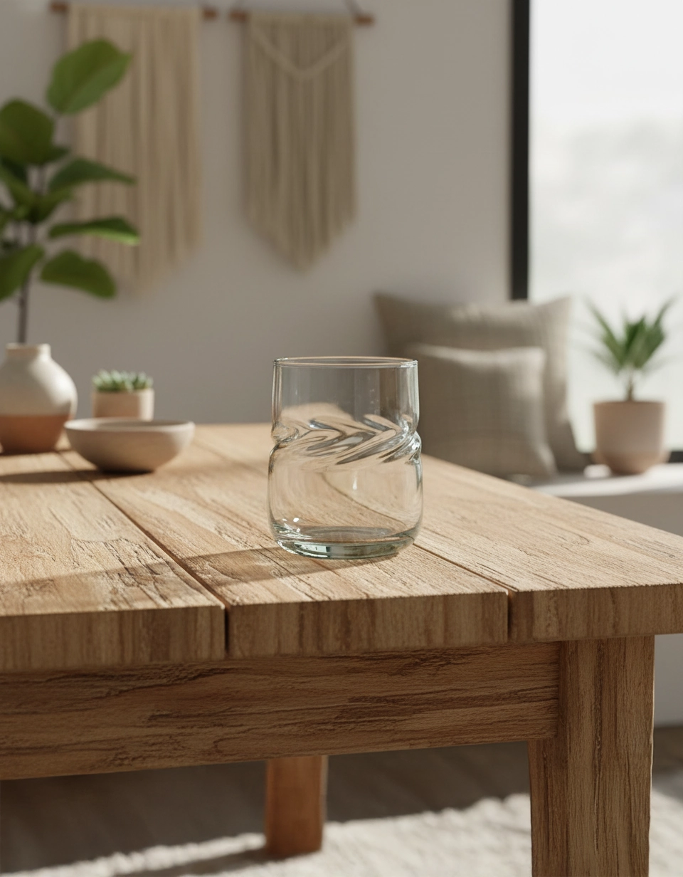 Clear glass vase on a wooden table with a blurred indoor setting