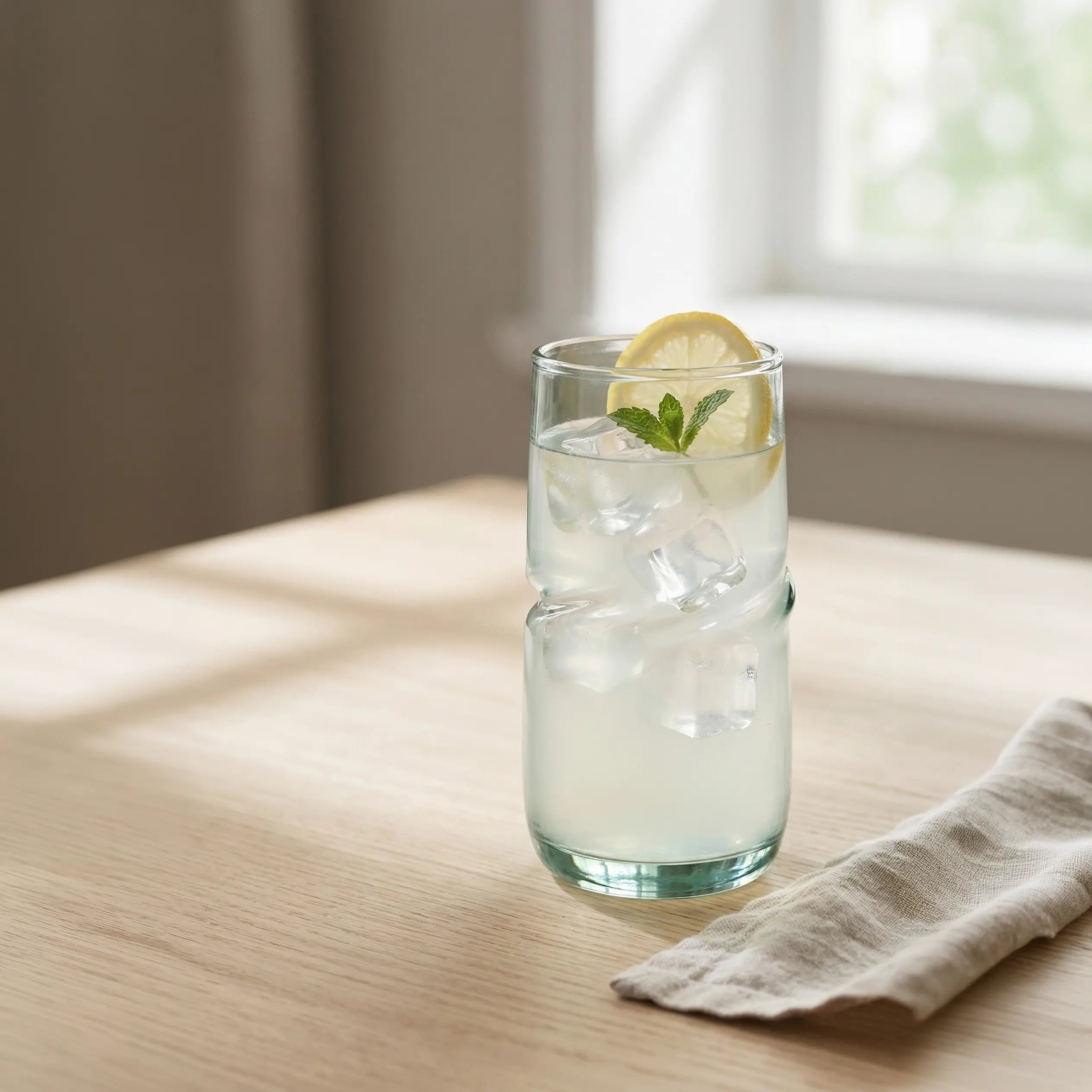 VISLA GLASSVERDE long-drink glass of lemonade with ice on a wooden table