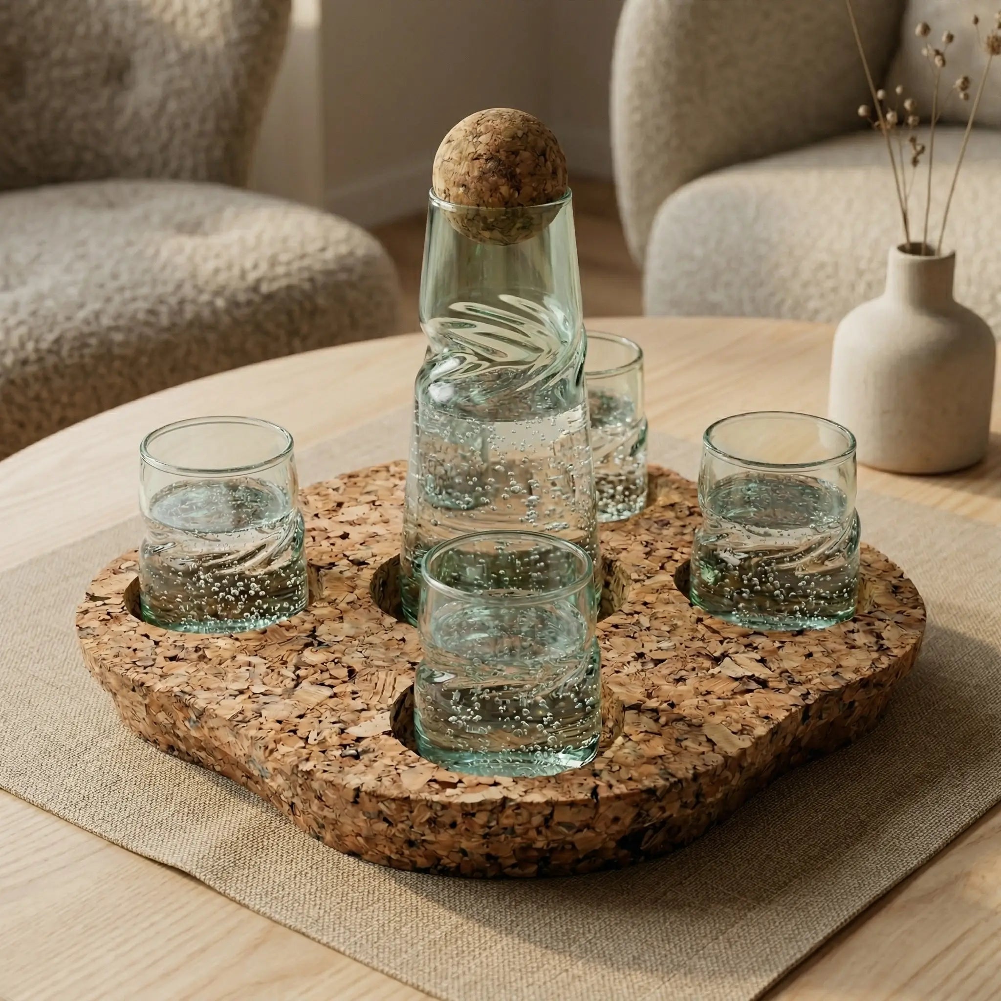 Cork tray with glass bottles and glasses on a wooden table