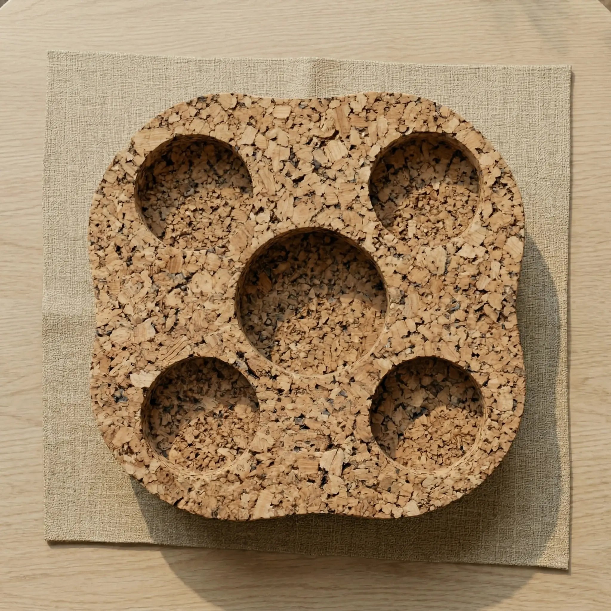 VISLA Cork trivet with multiple round holes on a wooden surface